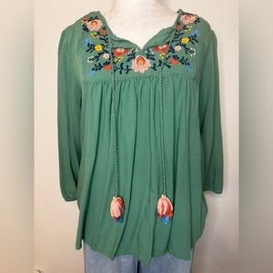 St. John's Bay Teal Blouse with Floral Embroidery